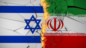 Realistic Broken Background With Israel And Iran Flags 3D Rendering