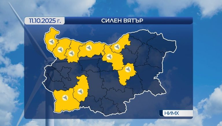 Жълт код за 9 области: Силен вятър с пориви до 90 км/ч в събота Жълт код за 9 области: Силен вятър с пориви до 90 км/ч в събота
