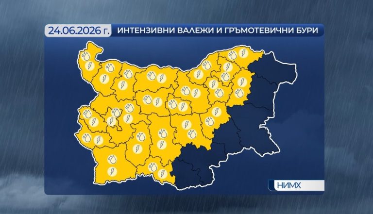 Опасно време в сряда: Жълт код за интензивни валежи и гръмотевични бури в 23 области Опасно време в сряда: Жълт код за интензивни валежи и гръмотевични бури в 23 области