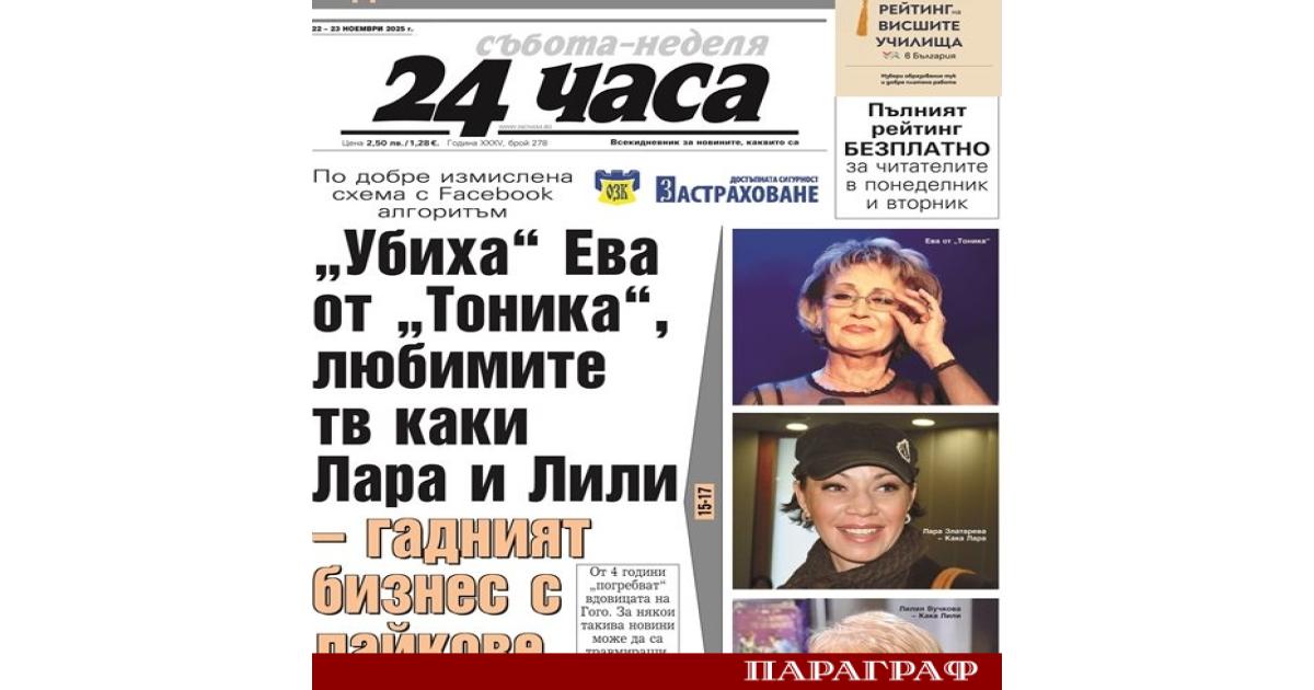 Водещото заглавие на вестник 24 часа на 22 ноември насочва