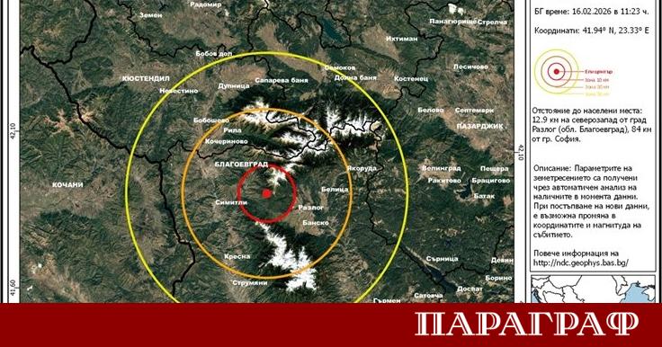 Слабо земетресение беше регистрирано в района на Благоевградско през днешния